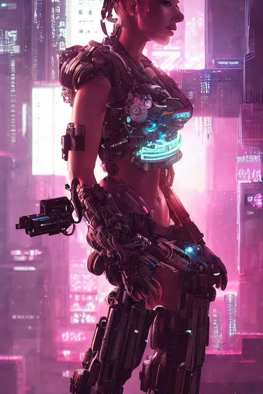 Prompt: beautiful portrait of a heavily armed cyborg mercenary girl, art by wlop and artgerm and liam wong, cyberpunk, neon, intricate details, trending on artstation, sharp focus, caustics, octane render, radiant light, 4 k