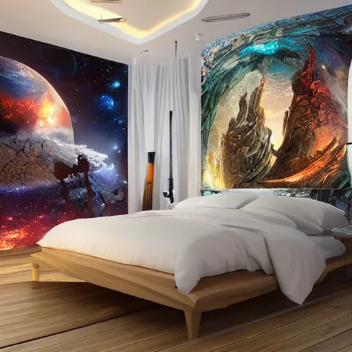 Image similar to a cozy bedroom interior with wall murals of incredible fantasy space art, detailed, high resolution, wow!, intricate, volumetric lighting, raytracing