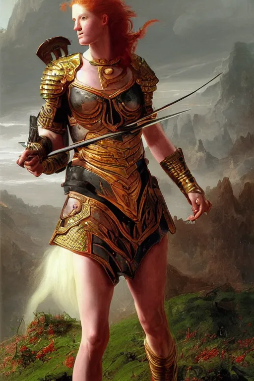 Image similar to beautiful female warrior, half body portrait, ginger hair, ornate armour, hand outstretched and pointing to the distance, realistic oil painting by Thomas Cole and Wayne Barlowe