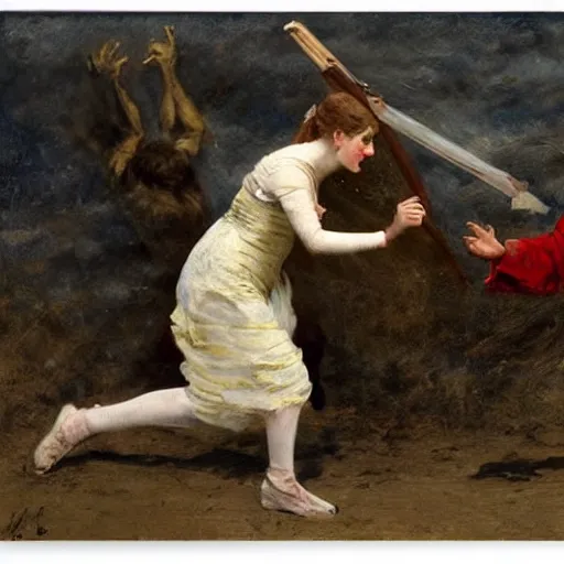 Image similar to a woman fighting a monster by alfred stevens