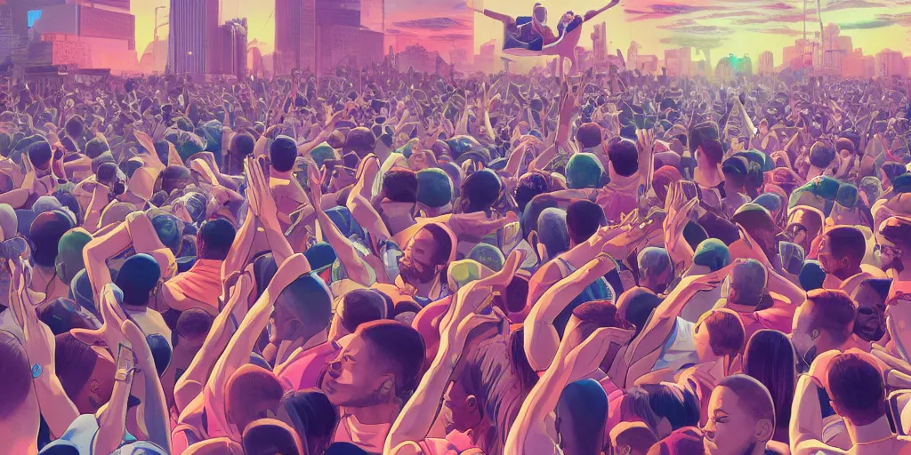 Image similar to rapper leaning over huge crowd reaching up to him, digital art, vapor wave, hip hop, trending on Artstation, professional artist, detailed, 4k