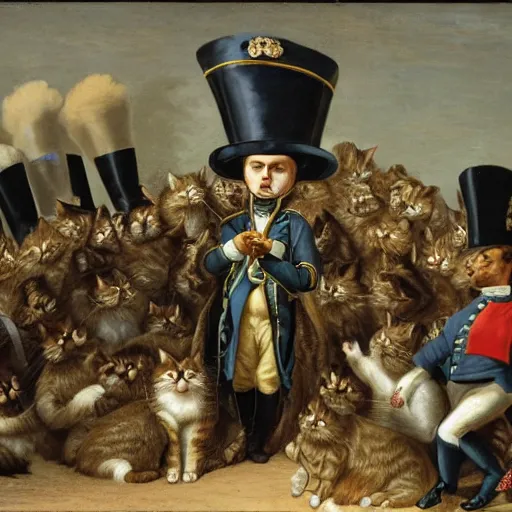 Image similar to a cat wearing napoleon's hat with a crowd of cats wearing helmets behind him. they're on a road.