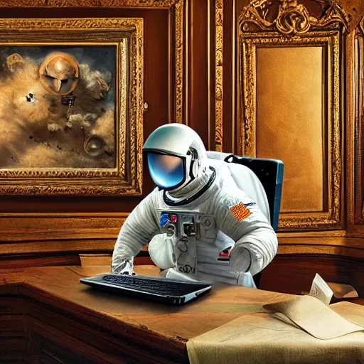 Image similar to an astronaut working on a laptop in an old ornate art gallery. photorealistic. highly detailed.