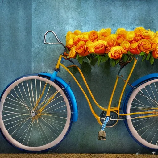 Image similar to a beautiful stunning fantasy digital matte painting of a vintage yellow Schwinn bicycle with a basket of red roses on the front propped up against a blue wall, docu-style photography painted in the style of Grzegorz greg rutkowski, nostalgic heart-warming, trending on artstation hq