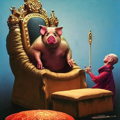 Image similar to a hyper realistic royal pig sits in his throne as a jester begs for his life moments before his demise, highly detailed, by zdzisław beksinski and norman rockwell and greg rutkowskiweta studio, and lucasfilm