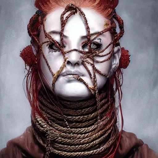 Image similar to portrait of a Shibari rope wrapped face and neck, headshot, insanely nice professional hair style, dramatic hair color, digital painting, of a old 17th century, old cyborg Njurse, amber jewels, baroque, ornate clothing, scifi, realistic, hyperdetailed, chiaroscuro, concept art, art by Franz Hals and Jon Foster and Ayami Kojima and Amano and Karol Bak,