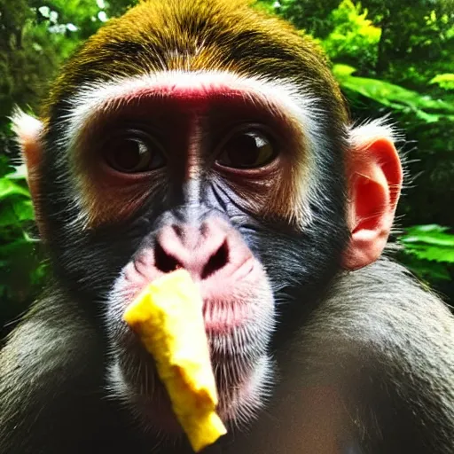 Image similar to Monkey holding and smoking a fat joint, iPhone selfie