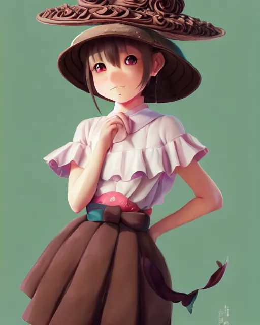 Prompt: a girl as personification of chocolate cupcake, character design, cute hats, unreal engine, highly detailed, digital illustration by artgerm, tooth wu, studio ghibli, sharp focus, artstation. ribbons, dog ears, fractal swirls. a fantasy bakery by studio ghibli, makoto shinkai, global illumination, sweets,