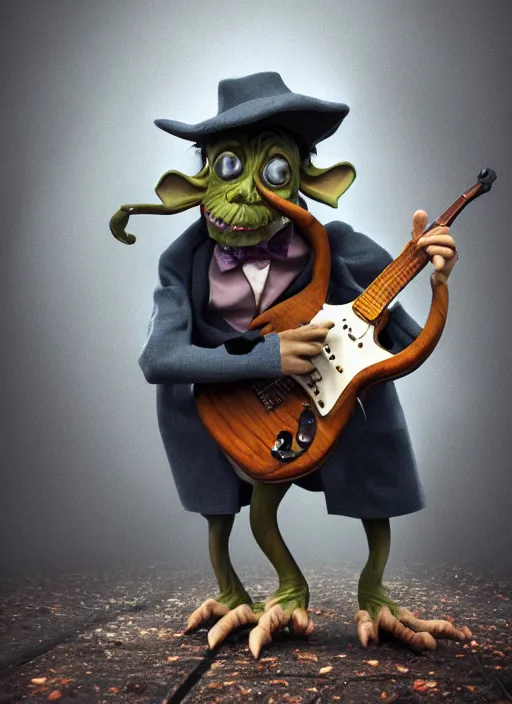 Image similar to a cute sharply dressed goblin playing the blues on an old guitar, in the style of boris valejo and hubert sumlin, fantastic, dramatic lighting, smoke, mist, forest, hyperrealistic, detailed, octane render