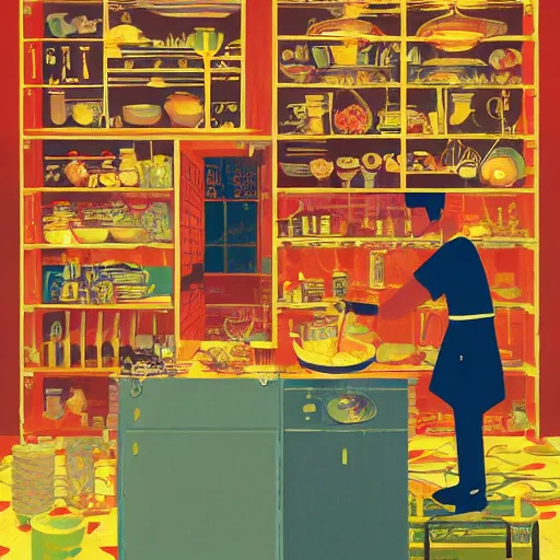 Prompt: illustration of Courageous chef's kitchen, by Victo Ngai and James Gilleard and Bruce Pennington