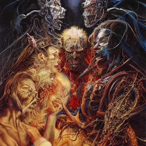 Prompt: realistic detailed image of horsemen of the apocalypse, night, by Ayami Kojima, Amano, Karol Bak, Greg Hildebrandt, and Mark Brooks, Neo-Gothic, gothic. Beksinski painting, part by Adrian Ghenie and Gerhard Richter. art by Takato Yamamoto. masterpiece