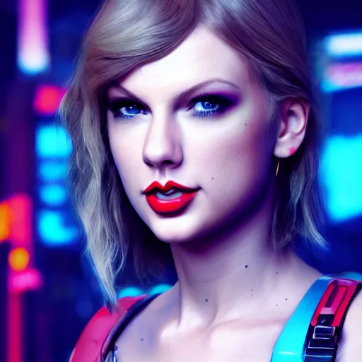 Prompt: taylor swift portrait, Cyberpunk 2077, cyberpsycho, photorealistic, ultra detailed, neon, octane, bokeh, cyber, cyberpunk city, feature, scars, cyberface, 8k