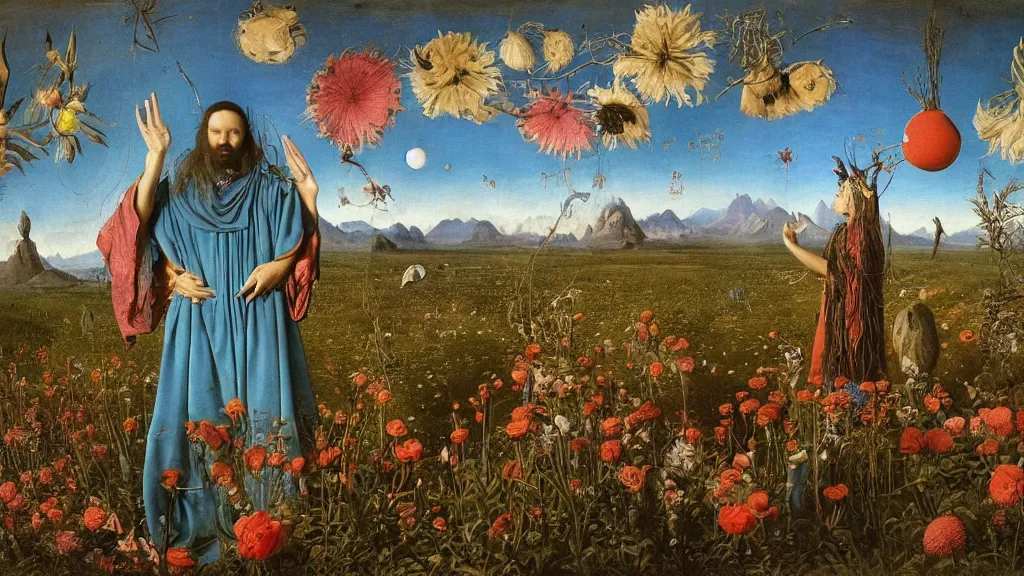 Image similar to a fish eye lense photograph of a meditating druid shaman surrounded by towering bulbous flowers. wide landscape with mountains, river delta. clear blue sky with stars and birds. painted by jan van eyck, max ernst, ernst haeckel and ernst fuchs. trending on artstation, 8 k, award winning, fashion editorial, mythology, photorealistic, cacti everywhere