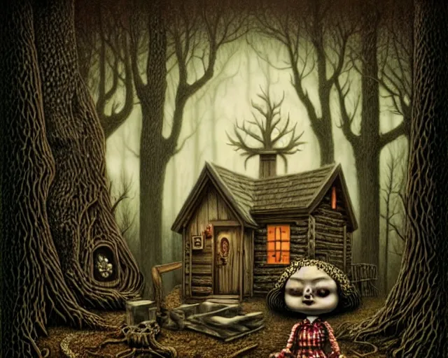 Image similar to intricate detailed portrait of a character in front of a cabin in a dark mysterious forest by mark ryden