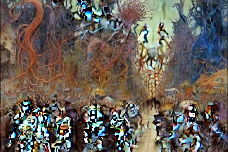 Image similar to realistic detailed portrait painting of a skeleton in a crowded futuristic street by Jean Delville, Amano, Yves Tanguy, Alphonse Mucha, Ernst Haeckel, Edward Robert Hughes, Roger Dean, rich moody colours, blue eyes