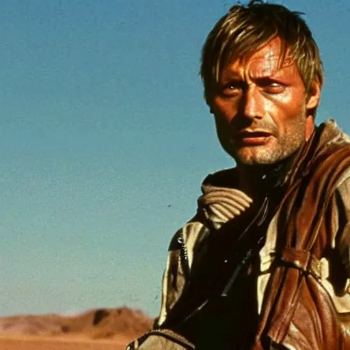 Prompt: A still of Mads Mikkelsen in Mad Max: Beyond Thunderdone (1985)