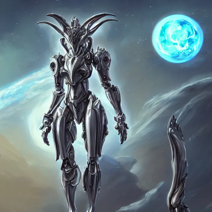 Image similar to goddess shot, galactic sized stunning beautiful anthropomorphic robot mecha female dragon, in space, larger than planets, posing elegantly, the earth a mere marble in her claws, detailed silver armor, epic proportions, epic scale, detailed digital art, ultra detailed, furry art, macro art, dragon art, giantess, warframe fanart, furaffinity, deviantart, realistic