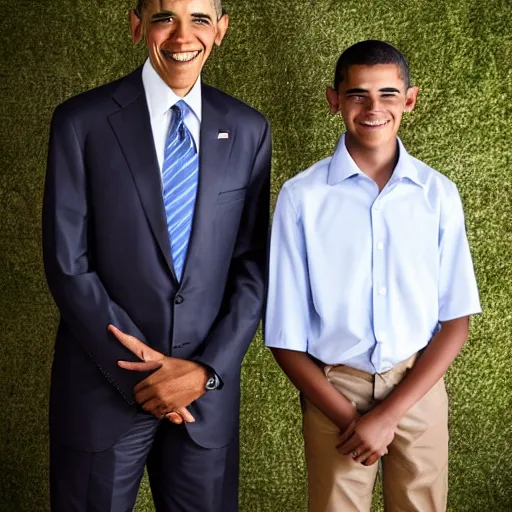 Image similar to A portrait Obama teams up with a teenage Obama, perfect faces, 50 mm, award winning photography