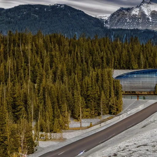 Prompt: an expansive view of a futuristic containment building with a road leading up to it in a forested valley and snow - capped mountains in the distance, national geographic, hyper realistic, 4 k, dusty light