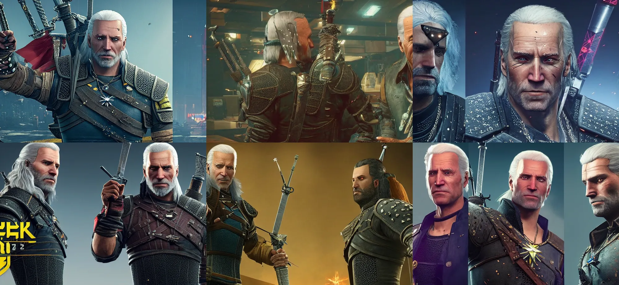 Prompt: Joe biden as a witcher in cyberpunk 2077 fighting against criminals