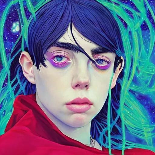 Image similar to closeup : beautiful breathtaking young billie eilish as the empress of the universe sits on stellar throne. illustration by james jean and satoshi kon and erik jones, inspired by evangelion, smooth feature, intricate oil painting, high detail illustration, sharp high detail