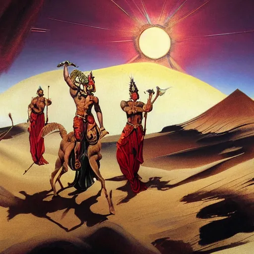 Image similar to pilgrimage of Desert Deity under crimson azure diamond sky, in the style of Frank Frazetta, Jeff Easley, Caravaggio, extremely clear and coherent, clear lines, 8K revolution