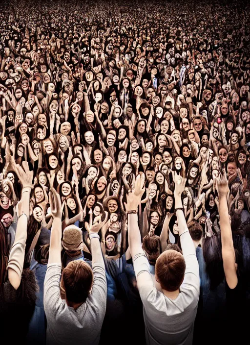 Image similar to group portraits, groups of diverse happy humans hands in the air holding large beautiful images, letters floating, highly detailed, super realistic, futuristic hall, perfect lighting pixel sorting