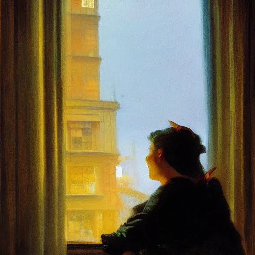 Prompt: silhouette of a woman gazing out her hotel window at the rain, extremely detailed masterpiece, oil on canvas, low-key neon lighting, in the world of Edward Hopped, artstation, by J. C. Leyendecker and Peter Paul Rubens,