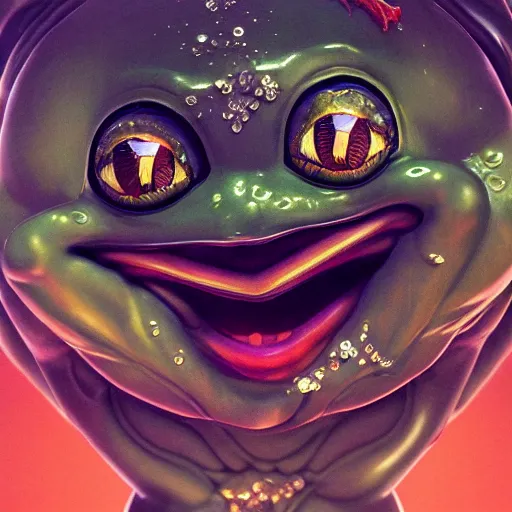 Image similar to plasticine wet shiny angles, crystal, moonlit, mirrors, camera angled dramatically, realistic hyperdetailed design of pepe the frog meme, ferocious, chinese mythology, victo nga, fumo yoshitoshi, ren jing jeong, feifei ruan, peter mohrbacher, takato yamamoto