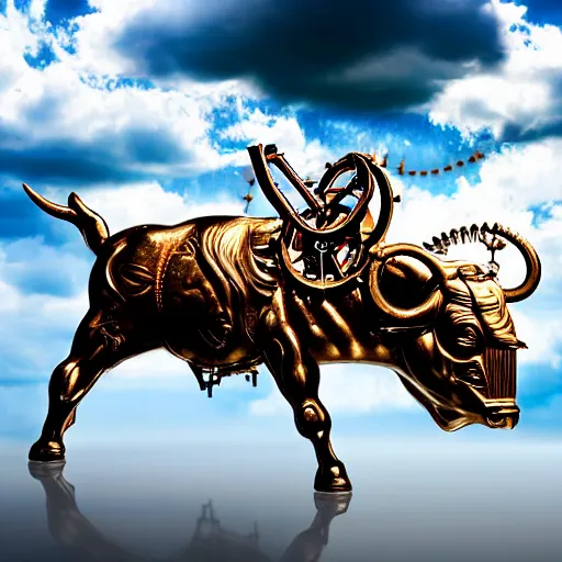 Prompt: a clockwork mechanical bull there are gears sticking out of the bull steam emanates from the bull and thick clouds of steam swirl around the clockwork bull, ultra high detail, high particle effects, highly reflective surface, realistic reflections