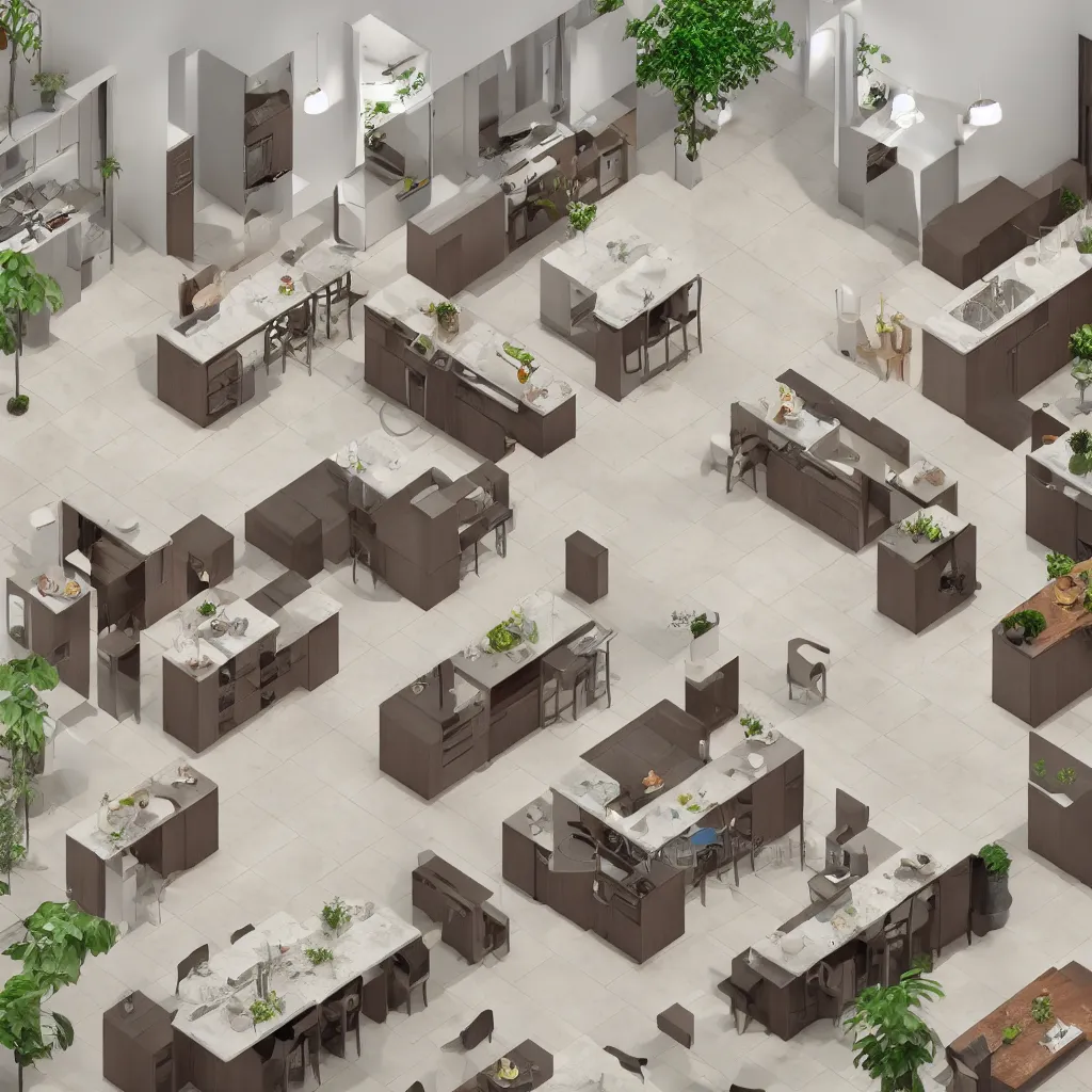 Prompt: photorealistic isometric view of a kitchen and open plan living room inside a large house