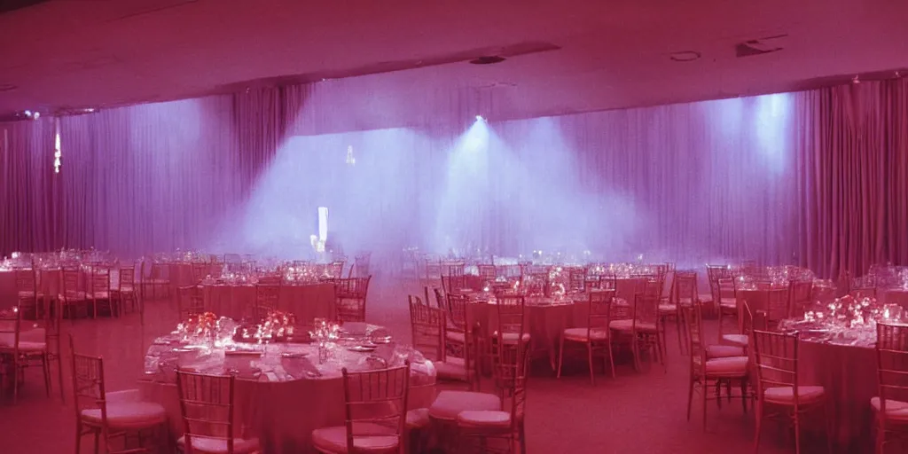 Image similar to a phantom hovers inside of a banquet hall. dramatic soft color lighting ( 1 9 8 4 ).