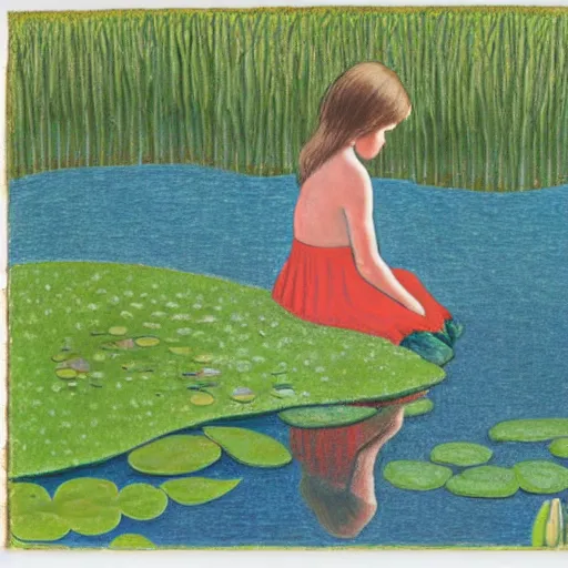 Prompt: Mixed media art. a young girl is sitting on the edge of a pond, with her feet in the water. She is looking at a frog that is sitting on a lily pad in the pond. colored pencil art by Horace Pippin jaunty