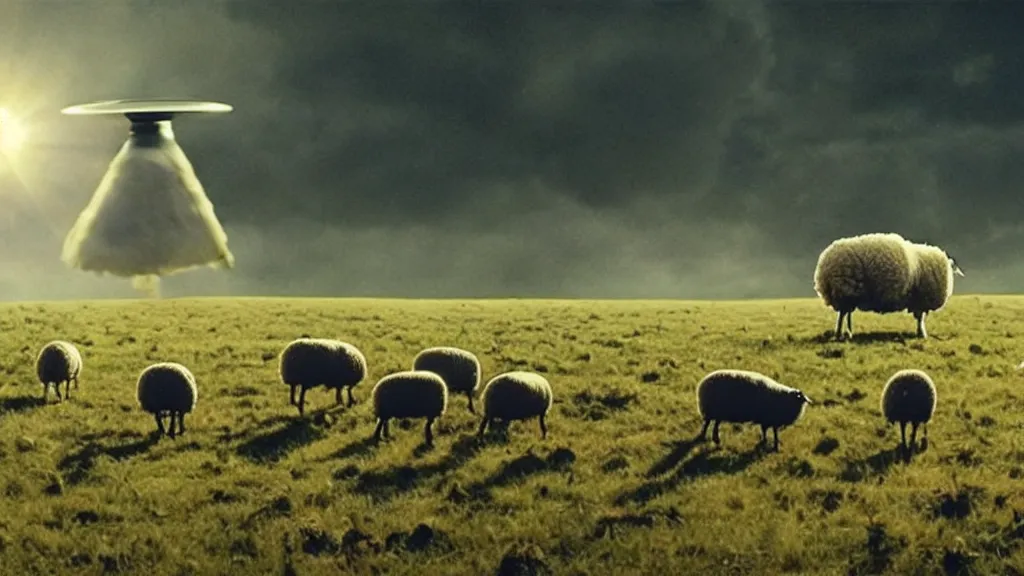 Image similar to sheep in a field being abducted by a ufo!, film still from the movie directed by directed by denis villeneuve