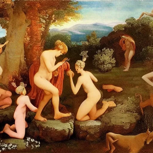 Image similar to ethereal landscape, elves, fauns, musicians, claude poussin