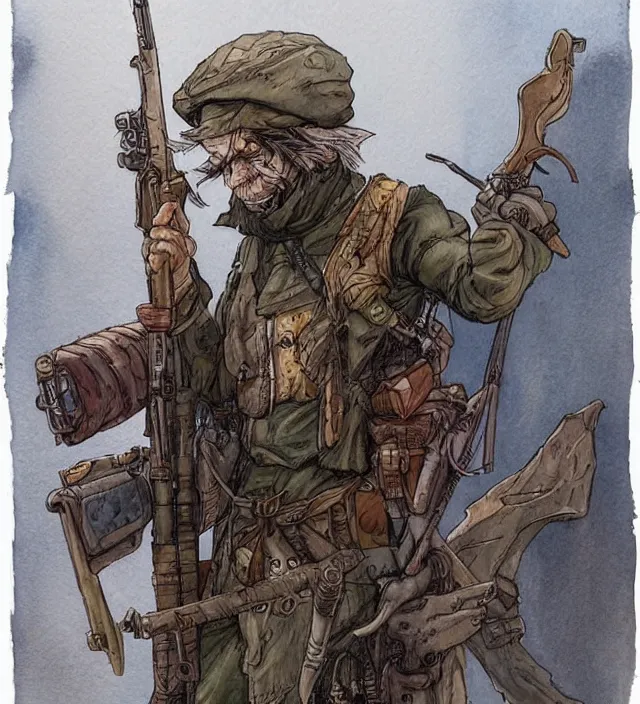 Prompt: a watercolor ink painting of an post - apocalyptic elven sniper in the style of jean giraud in the style of moebius trending on artstation deviantart pinterest detailed realistic hd 8 k high resolution