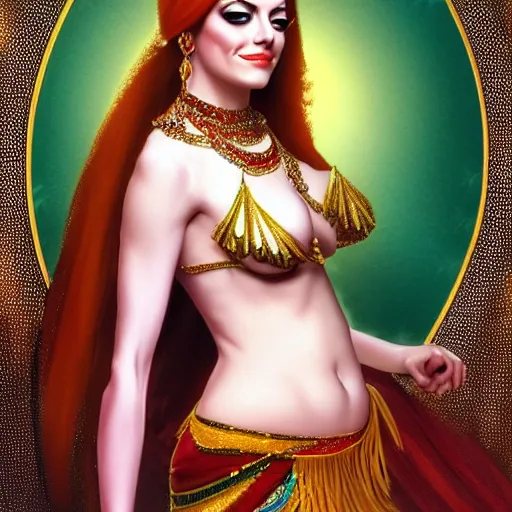 Image similar to a portrait of emma stone dressed as a belly dancer, arabian night, high quality, fully detailed, 4 k, in focus sharp face with fine details, realistic hand details and anatomy, inspired by belly dancer on youtube, alphonse mucha, masterpiece, stunning, artstation