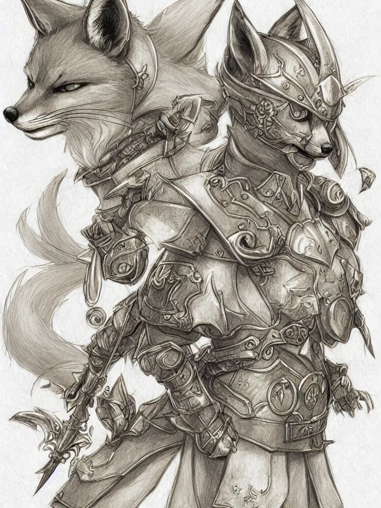 Prompt: heroic character design of anthropomorphic fox, whimsical fox, portrait, holy crusader medieval, final fantasy tactics character design, character art, whimsical, lighthearted, colorized pencil sketch, highly detailed, Akihiko Yoshida