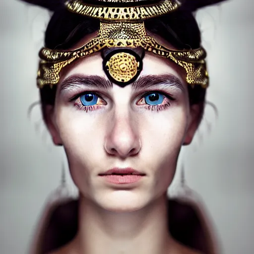 Prompt: minimalist photography portrait of an adorned germanic pagan woman, 8 0 0 ad, symmetrical, super close up, mid thirties, cute round slanted eyes, caucasian, wide nostrils, high cheekbones, full cheeks, high flat eyebrows, angelic, ethereal essence, leica 1 0 0 mm f 0. 8