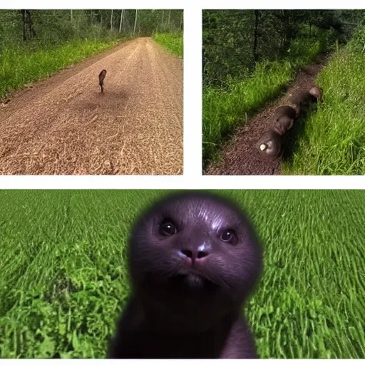 Image similar to trailcam footage running from a terrifying potato. a potato is chasing after you