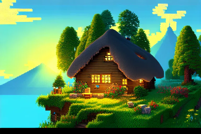 Image similar to view of a cottage above an azure lake, beautiful detailed pixelart by waneella and by albertov, intricate details, beautiful, volumetric lighting, cgsociety, artstation