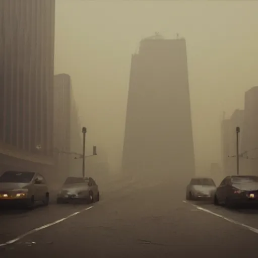 Image similar to A deeply dystopian and nightmarish scene of a huge city filled with smog, by Simon Stalenberg and Victor Alonso and Andres Rodriguez, 100mm lens, oil painting, highly coherent, enigmatic, 8k