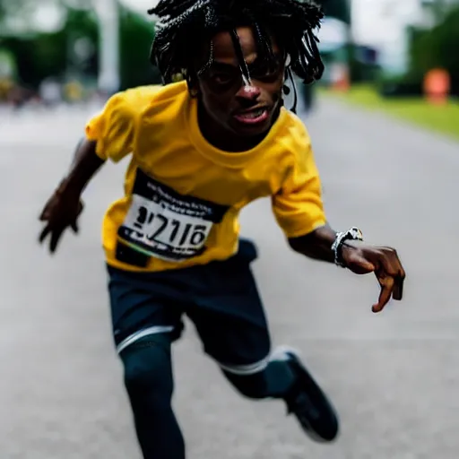 Prompt: portrait of midget down syndrome playboi carti running in a marathon, sharp focus, 4 k editorial photograph, soft lighting, depth of field