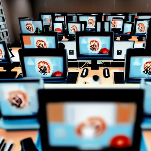 Image similar to fifty monkeys are staring a individual computer screens in a crowded cubicle - style office, the computer screens have bitcoin logos, in the style of the videogame disco elysium, harsh contrast lighting