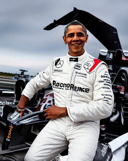 Image similar to a portrait of a mercedes f 1 driver in a white overall with the face of barack obama, outdoor, professional portrait photography, ambient light