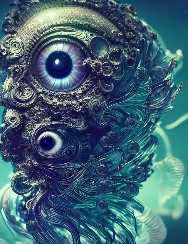 Image similar to eye of god macro close - up portrait with mask made of ram skull. betta fish, jellyfish phoenix, plasma, water, wind, creature, super intricate ornaments artwork by tooth wu and wlop and beeple and greg rutkowski