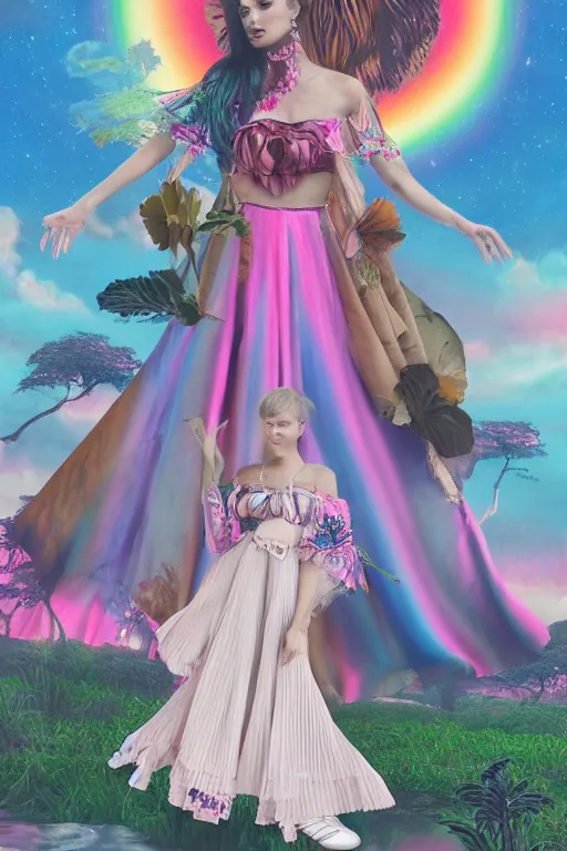 Image similar to Ethereal safari landscape with a pink rainbow sky under a goddess moonstone, black leather and embroidered Lolita dress in velvet, rich color, ramatic cinematic lighting, featured on Artstation, extremely detailed by Lisa Frank