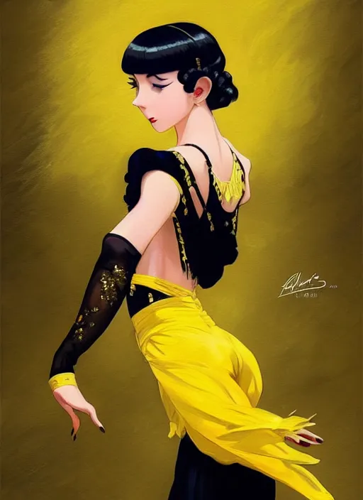 Image similar to a beautiful dancer in yellow with black hair in 1920's fashion, ballroom background, intricate, highly detailed, digital painting, artstation, official media, anime key visual, concept art, rich vivid colors, ambient lighting, sharp focus, illustration, art by Artgerm, Makoto Shinkai, Ilya Kuvshinov, Lois Van Baarle, and Rossdraws