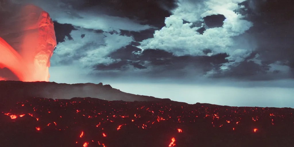 Image similar to A levitating crowd of people made from bright glowing volcanic stones floating in the air, storm clouds raining bright lava from the sky, Swelling waves, 8k photorealistic, dramatic lighting, chiaroscuro, William Eggleston