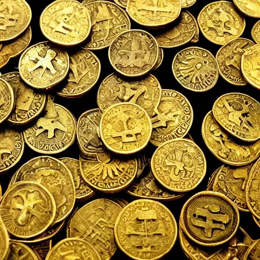 Image similar to a strange veriety collection of oddly shaped intricate ancient golden coins